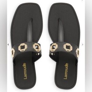 Larroude Milan Grommet Thong Sandals Black Gold Size 9 Retails for $140